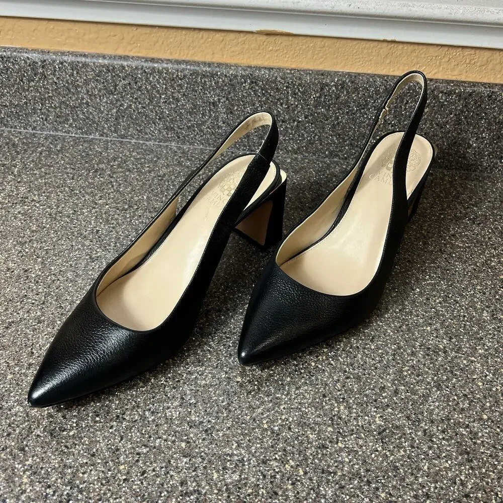 Vince Camuto Women's Size 10 M Black Leather Pump Slip On Sling Back Pointed Toe